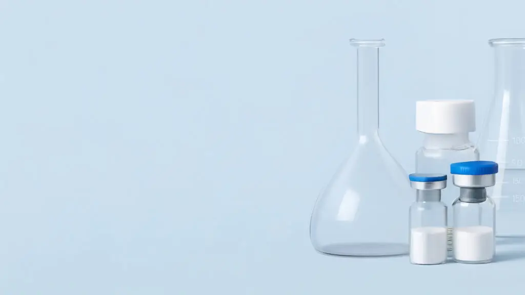 Featured research chemicals banner with sterile laboratory vials and glassware on a clean blue background