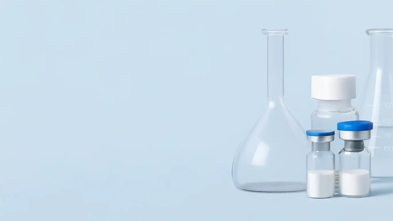 Featured research chemicals banner with sterile laboratory vials and glassware on a clean blue background