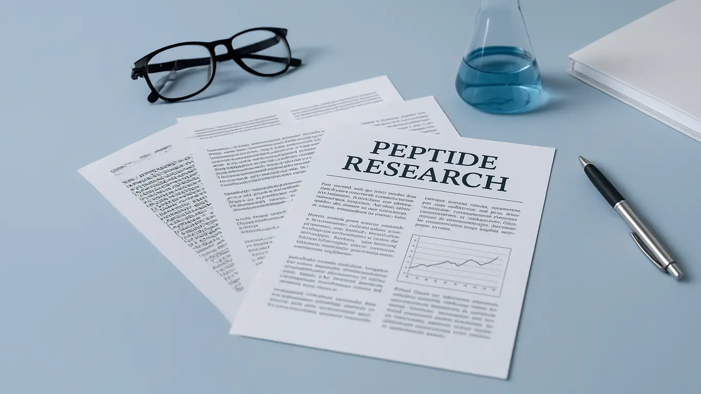 Scientific desk with peptide research papers, lab glasses, pen, and flask of blue solution on a light blue background